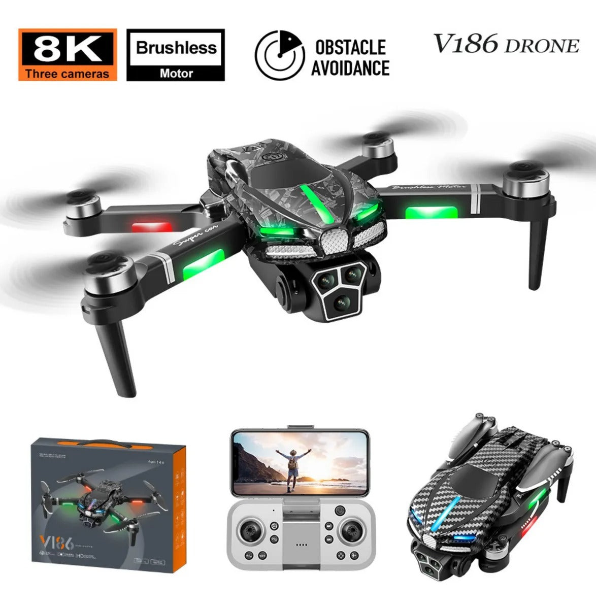 Dron V186 Con Tres Cámaras + Control Rem